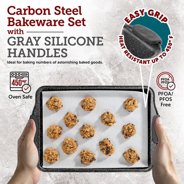 Bakkenmaster BAKKEN Cookie Sheets for Baking Nonstick Set, 3-Piece Stackable Carbon Steel Baking Sheet Pans Set - BKBSGRYMAR3