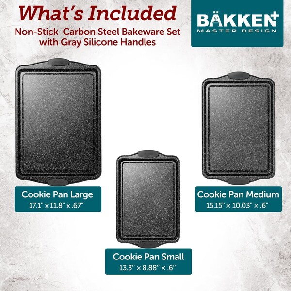 Bakkenmaster BAKKEN Cookie Sheets for Baking Nonstick Set, 3-Piece Stackable Carbon Steel Baking Sheet Pans Set - BKBSGRYMAR3