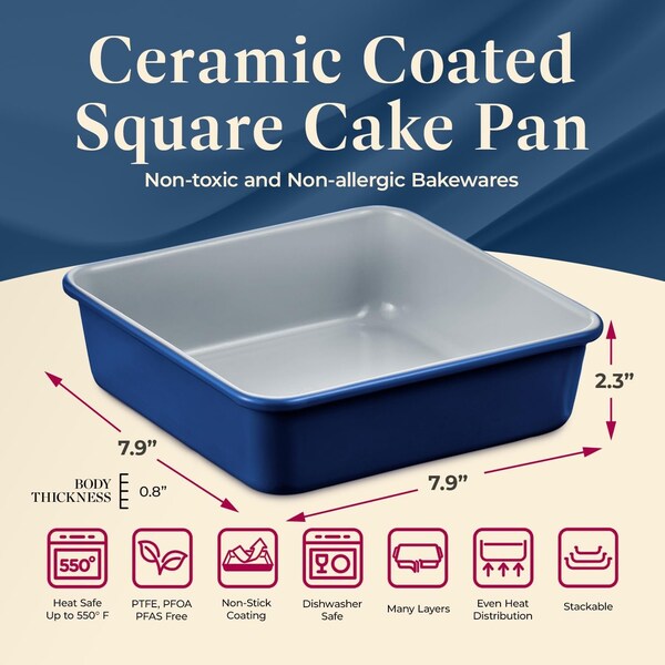 Bakken-Swiss Square Cake Pan, Aluminized Steel, Ceramic Non-Stick, Non-Toxic, Heavy-Duty, Ideal Size - SBKCRSTBKBULPAN