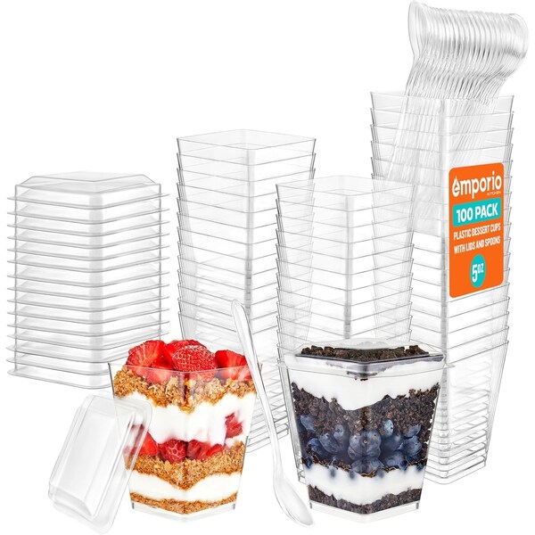 Emporio Kitchen 5oz Plastic Dessert Cups with Lids and Spoons, Clear, BPA-Free, Reusable, 100PK - EMPKDC100