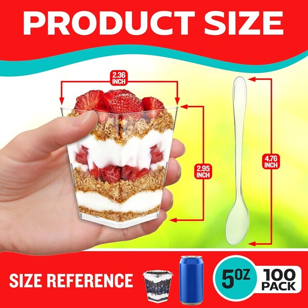 Emporio Kitchen 5oz Plastic Dessert Cups with Lids and Spoons, Clear, BPA-Free, Reusable, 100PK - EMPKDC100