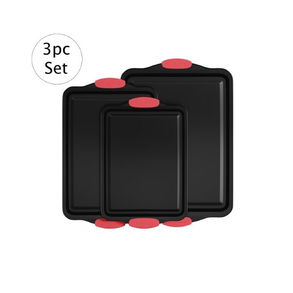 Hastings Home 3-pc Baking Pans, Nonstick Sheet, Silicone Handles, 17.75"x12", 15.75"x10" Jelly Roll, 13.5"x9" Bakeware - 635869HNZ