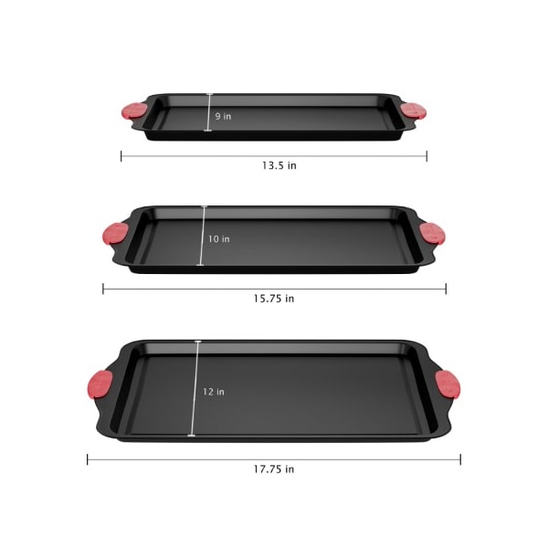 Hastings Home 3-pc Baking Pans, Nonstick Sheet, Silicone Handles, 17.75"x12", 15.75"x10" Jelly Roll, 13.5"x9" Bakeware - 635869HNZ