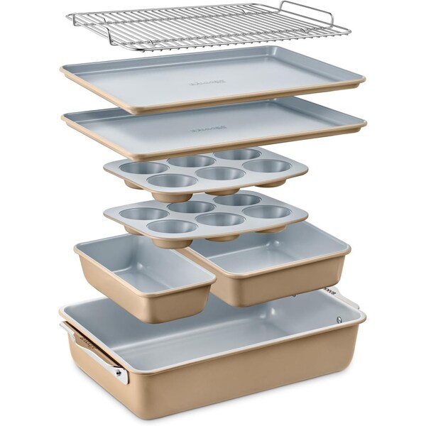 Bakken-Swiss Bakken 8-Piece Stackable Bakeware Set, Ceramic Non-Stick, PTFE, PFOA and PFOS Free, Oven-Safe - BKCRSTBKGLD