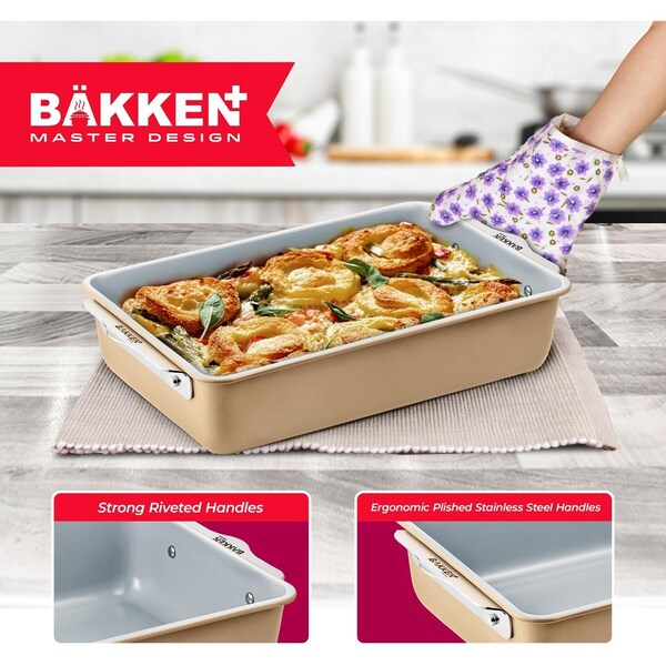Bakken-Swiss Bakken 8-Piece Stackable Bakeware Set, Ceramic Non-Stick, PTFE, PFOA and PFOS Free, Oven-Safe - BKCRSTBKGLD