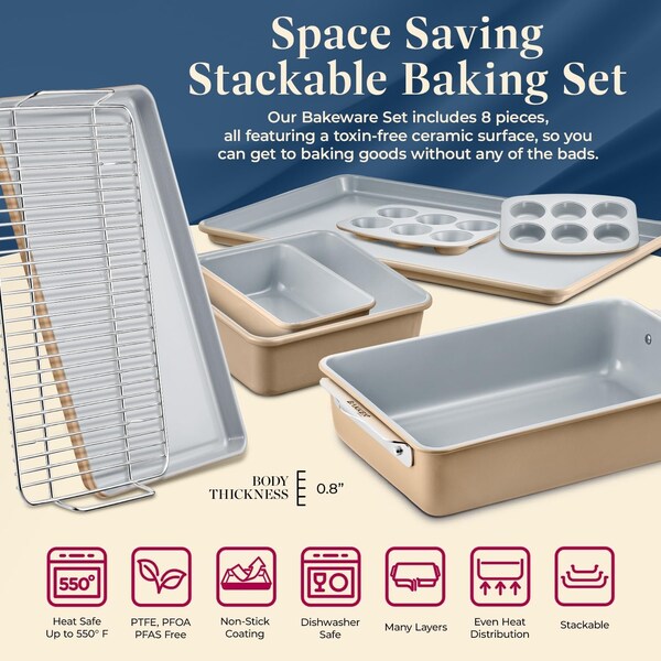 Bakken-Swiss Bakken 8-Piece Stackable Bakeware Set, Ceramic Non-Stick, PTFE, PFOA and PFOS Free, Oven-Safe - BKCRSTBKGLD