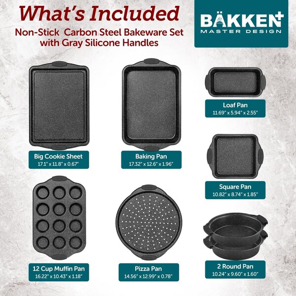 Bakken-Swiss BAKKEN 8Pc Nonstick Bakeware Set, Gray Marble, Carbon Steel, Silicone Handles, Oven and Freezer Safe - BKBSGRYMAR88