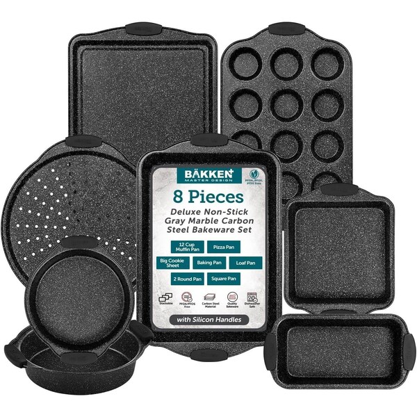 Bakken-Swiss BAKKEN 8Pc Nonstick Bakeware Set, Gray Marble, Carbon Steel, Silicone Handles, Oven and Freezer Safe - BKBSGRYMAR88