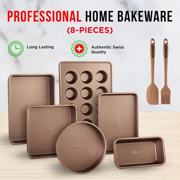 Bakken-Swiss 8-Piece Bakeware Set, Non-Stick Professional Pans, Multi-Sized, Muffin and Loaf Pans, Gold - BKCWG8L
