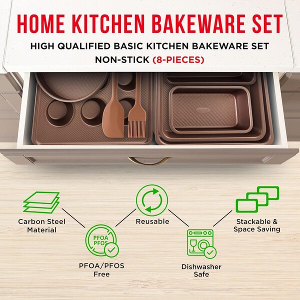 Bakken-Swiss 8-Piece Bakeware Set, Non-Stick Professional Pans, Multi-Sized, Muffin and Loaf Pans, Gold - BKCWG8L