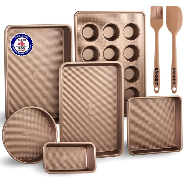Bakken-Swiss 8-Piece Bakeware Set, Non-Stick Professional Pans, Multi-Sized, Muffin and Loaf Pans, Gold - BKCWG8L