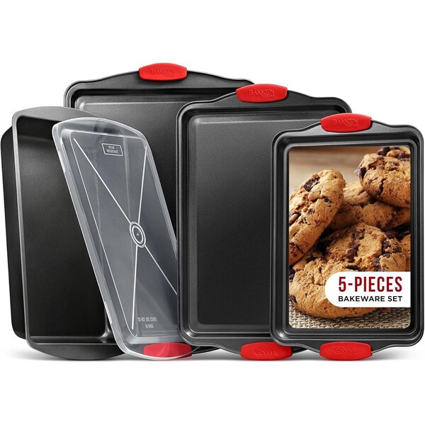 Bakkenmaster 5-Piece Nonstick Cookie Sheet Set, Carbon Steel, Gray Coating, Small to Large Pans, Roaster, Lid - BKB6SPS5