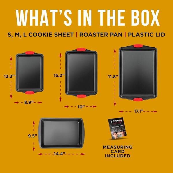 Bakkenmaster 5-Piece Nonstick Cookie Sheet Set, Carbon Steel, Gray Coating, Small to Large Pans, Roaster, Lid - BKB6SPS5