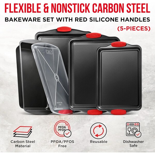 Bakkenmaster 5-Piece Nonstick Cookie Sheet Set, Carbon Steel, Gray Coating, Small to Large Pans, Roaster, Lid - BKB6SPS5