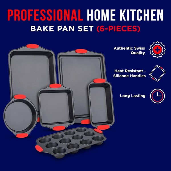 Bakkenmaster 6-Piece Baking Set, Non-Stick Black Coating, Carbon Steel, Red Silicone Handles, PFOA-Free - BKB6SPS6