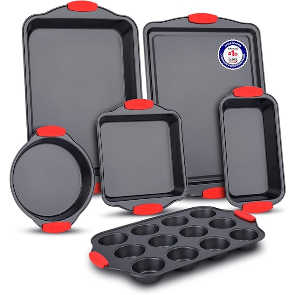 Bakkenmaster 6-Piece Baking Set, Non-Stick Black Coating, Carbon Steel, Red Silicone Handles, PFOA-Free - BKB6SPS6