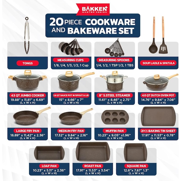 Bakken- Swiss Kitchen Cookware Set Nonstick Granite Coating, Pots and Pans w/ Handle Grips and Tempered Glass Lids - BKCAS20BRN02
