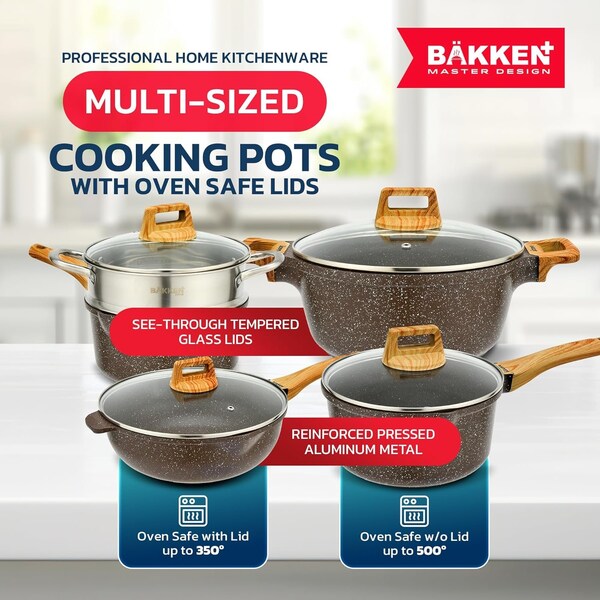 Bakken- Swiss Kitchen Cookware Set Nonstick Granite Coating, Pots and Pans w/ Handle Grips and Tempered Glass Lids - BKCAS20BRN02