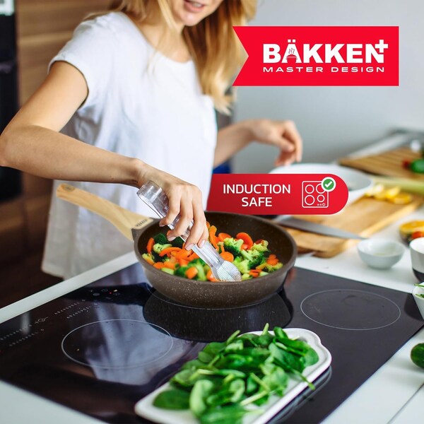 Bakken- Swiss Kitchen Cookware Set Nonstick Granite Coating, Pots and Pans w/ Handle Grips and Tempered Glass Lids - BKCAS20BRN02