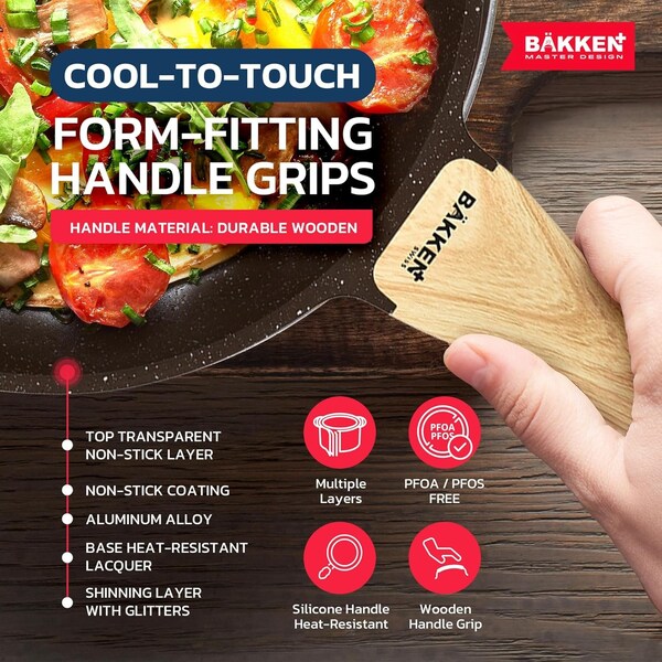 Bakken- Swiss Kitchen Cookware Set Nonstick Granite Coating, Pots and Pans w/ Handle Grips and Tempered Glass Lids - BKCAS20BRN02