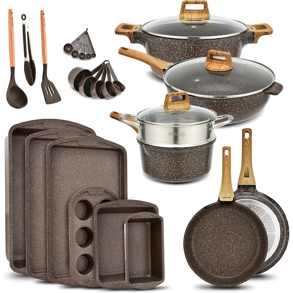 Bakken- Swiss Kitchen Cookware Set Nonstick Granite Coating, Pots and Pans w/ Handle Grips and Tempered Glass Lids - BKCAS20BRN02