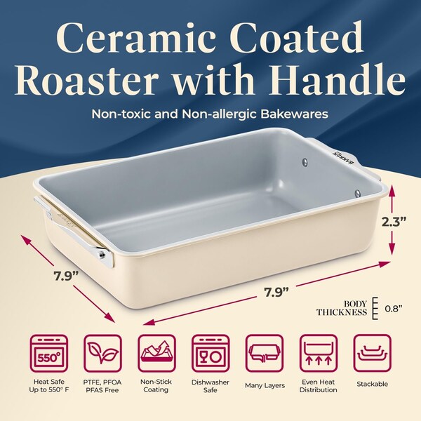 Bakken-Swiss Premium 8x15.5in Rectangle Pan, Aluminized Steel, Ceramic Non-Stick, PFOA and PFAS Free, Non-Toxic - SBKCRSTBKCRMROS