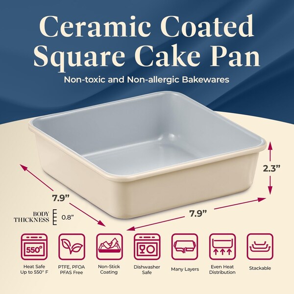 Bakken-Swiss Square Cake Pan, Aluminized Steel, Ceramic Non-Stick, Non-Toxic, Heavy-Duty, Durable and Stylish - SBKCRSTBKCRMPAN