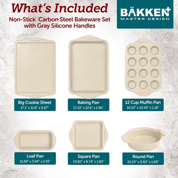 Bakken-Swiss Deluxe 8-Piece Carbon Steel Bakeware Set, Nonstick White Marble, Silicone Handles, Professional - BKBSMARWHT88