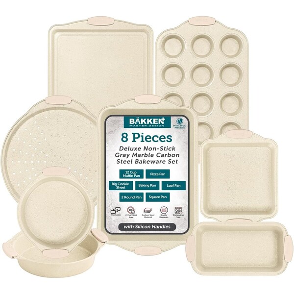 Bakken-Swiss Deluxe 8-Piece Carbon Steel Bakeware Set, Nonstick White Marble, Silicone Handles, Professional - BKBSMARWHT88