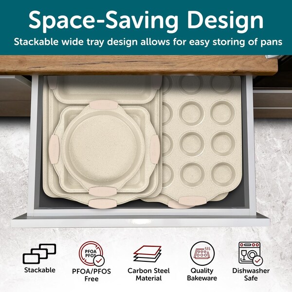 Bakken-Swiss Deluxe 8-Piece Carbon Steel Bakeware Set, Nonstick White Marble, Silicone Handles, Professional - BKBSMARWHT88