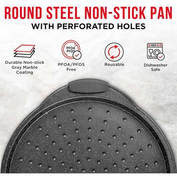 Bakken- Swiss BAKKEN Pizza Pan, Round Perforated, Nonstick Marble Coating, Dishwasher Safe, Gray, 2PK - BAKPIZSHGMB54