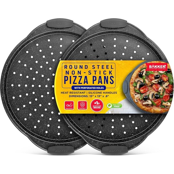 Bakken- Swiss BAKKEN Pizza Pan, Round Perforated, Nonstick Marble Coating, Dishwasher Safe, Gray, 2PK - BAKPIZSHGMB54