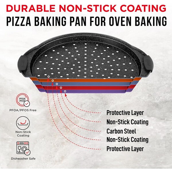 Bakken- Swiss BAKKEN Pizza Pan, Round Perforated, Nonstick Marble Coating, Dishwasher Safe, Gray, 2PK - BAKPIZSHGMB54