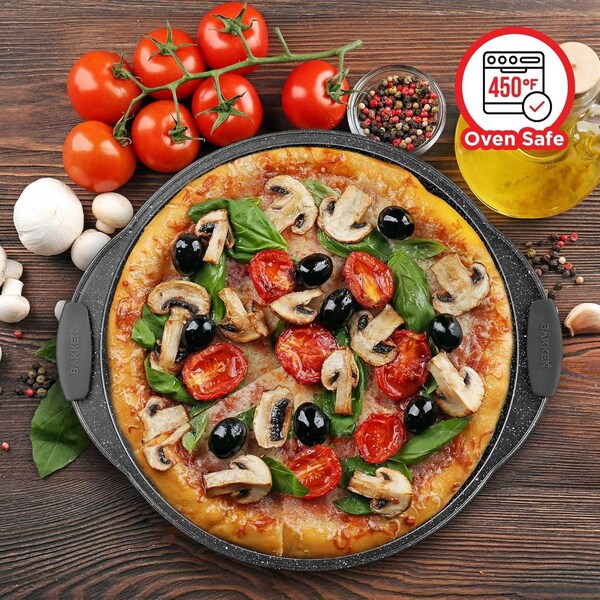 Bakken- Swiss BAKKEN Pizza Pan, Round Perforated, Nonstick Marble Coating, Dishwasher Safe, Gray, 2PK - BAKPIZSHGMB54
