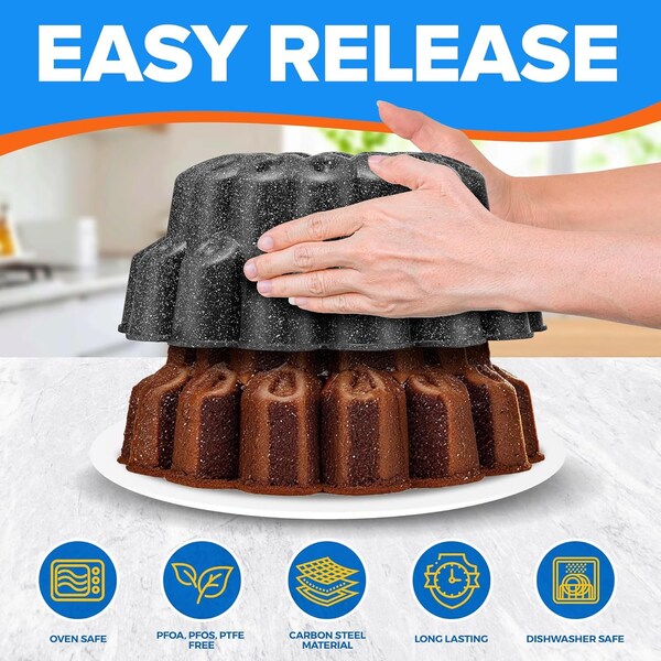 Emporio Kitchen Baking Pan Two-Layered Nonstick Gray Marble Coating Al. Fluted Cake Pans Oven Safe Up To 450 DegF - EMPKBTP118