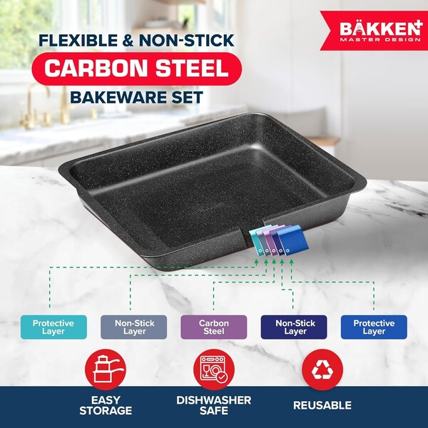 Bakken- Swiss BAKKEN 6-Piece Nonstick Bakeware Set, Carbon Steel, Stackable, PFOA-Free, Oven Safe, 450 DegF - BK6PCGR6Y