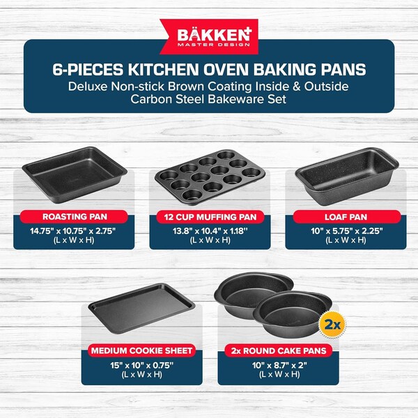 Bakken- Swiss BAKKEN 6-Piece Nonstick Bakeware Set, Carbon Steel, Stackable, PFOA-Free, Oven Safe, 450 DegF - BK6PCGR6Y