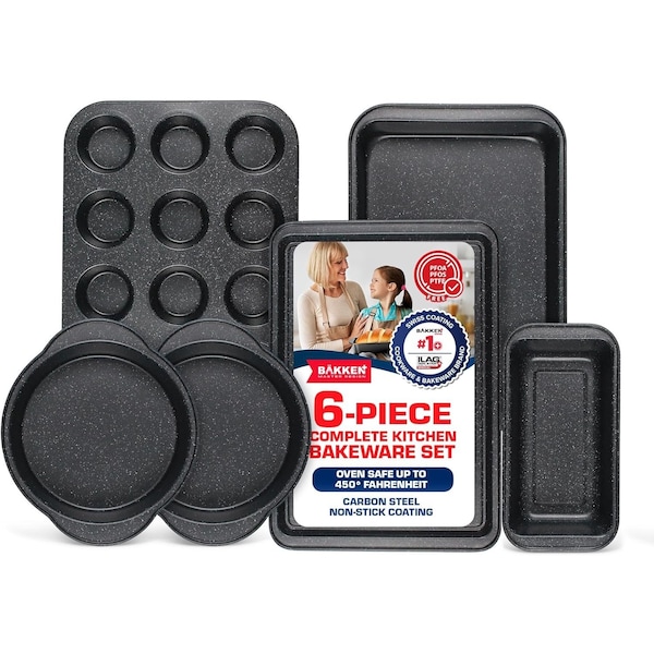 Bakken- Swiss BAKKEN 6-Piece Nonstick Bakeware Set, Carbon Steel, Stackable, PFOA-Free, Oven Safe, 450 DegF - BK6PCGR6Y