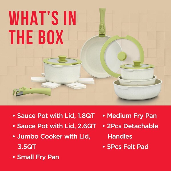 Bakken-Swiss Bakken 15-Piece Non-Stick Cookware Set with Detachable Handles, Granite Stackable Pots and Pans - BKCWSTK15GRE