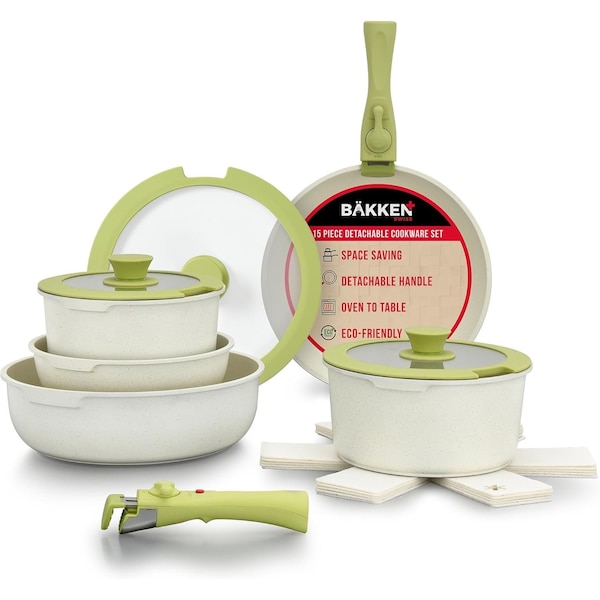 Bakken-Swiss Bakken 15-Piece Non-Stick Cookware Set with Detachable Handles, Granite Stackable Pots and Pans - BKCWSTK15GRE