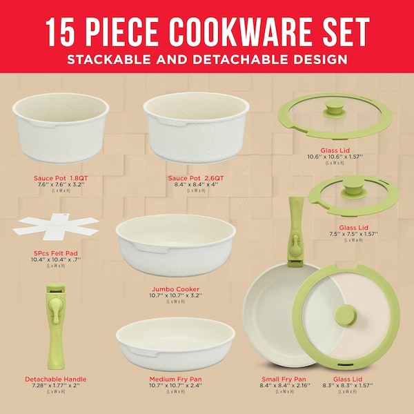 Bakken-Swiss Bakken 15-Piece Non-Stick Cookware Set with Detachable Handles, Granite Stackable Pots and Pans - BKCWSTK15GRE