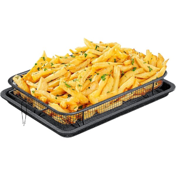 Bakken-Swiss 2-Piece Crisper Tray Set, Gray Marble Non-Stick, Basket Design for Crisp Chips and Bacon - BAKCRIPGRY