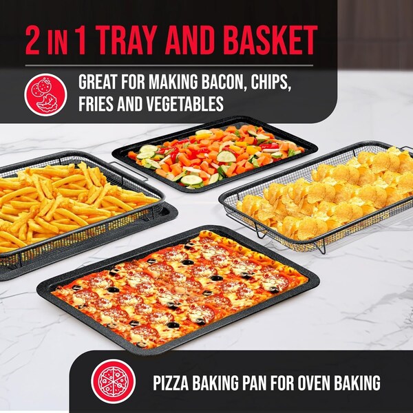 Bakken-Swiss 2-Piece Crisper Tray Set, Gray Marble Non-Stick, Basket Design for Crisp Chips and Bacon - BAKCRIPGRY