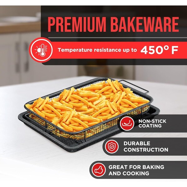 Bakken-Swiss 2-Piece Crisper Tray Set, Gray Marble Non-Stick, Basket Design for Crisp Chips and Bacon - BAKCRIPGRY