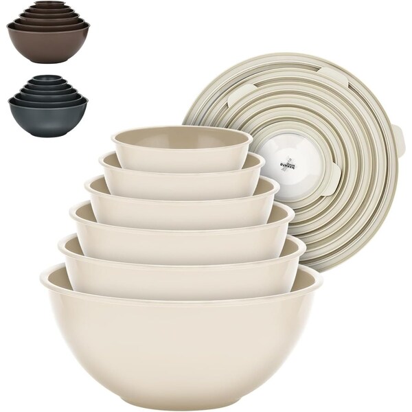 Bakkenmaster Bakken Master 12 Piece Plastic Nesting Bowls with Lids, Mixing Bowls Set includes 6 Prep Bowls - BKMX12WHT44