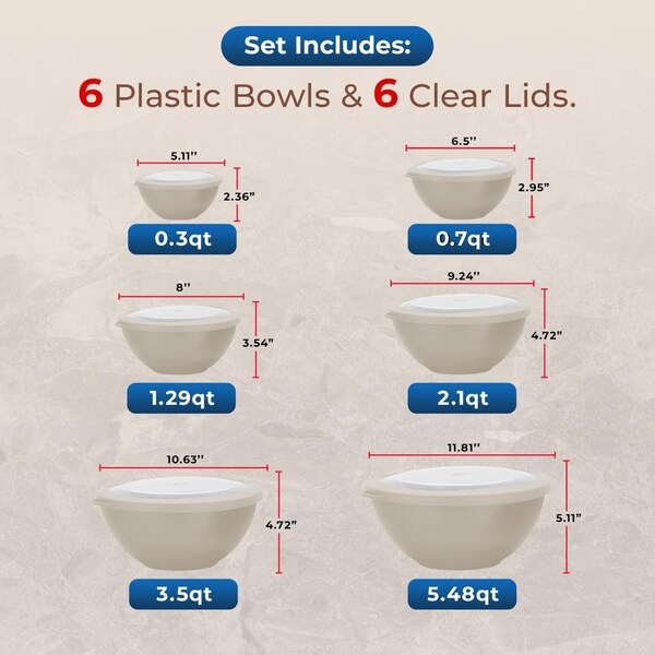 Bakkenmaster Bakken Master 12 Piece Plastic Nesting Bowls with Lids, Mixing Bowls Set includes 6 Prep Bowls - BKMX12WHT44