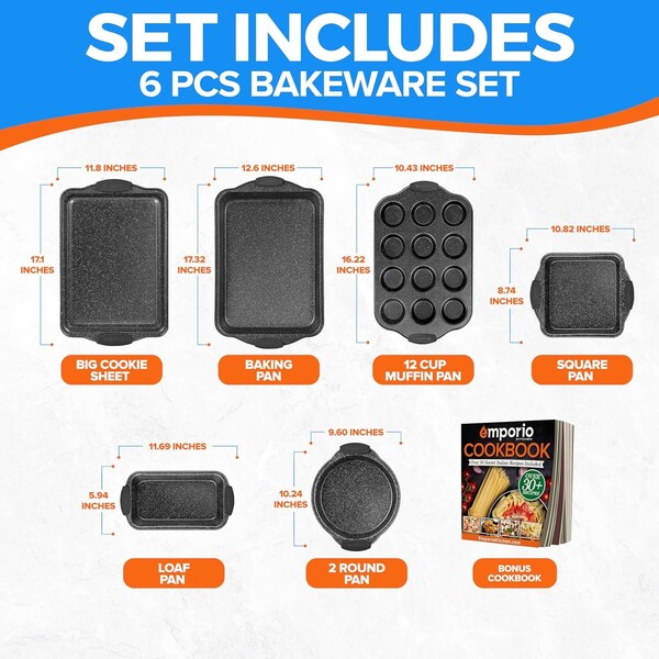 Emporio Kitchen Baking Pan Set, Oven Safe Tray, Up To 450 Deg F, Gray, 6PK - EMPKSTON60