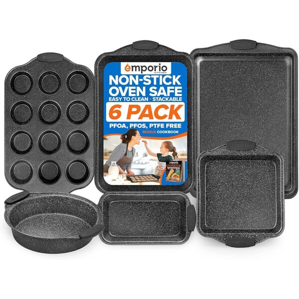 Emporio Kitchen Baking Pan Set, Oven Safe Tray, Up To 450 Deg F, Gray, 6PK - EMPKSTON60