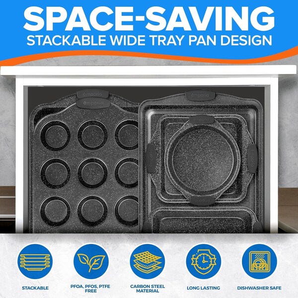 Emporio Kitchen Baking Pan Set, Oven Safe Tray, Up To 450 Deg F, Gray, 6PK - EMPKSTON60