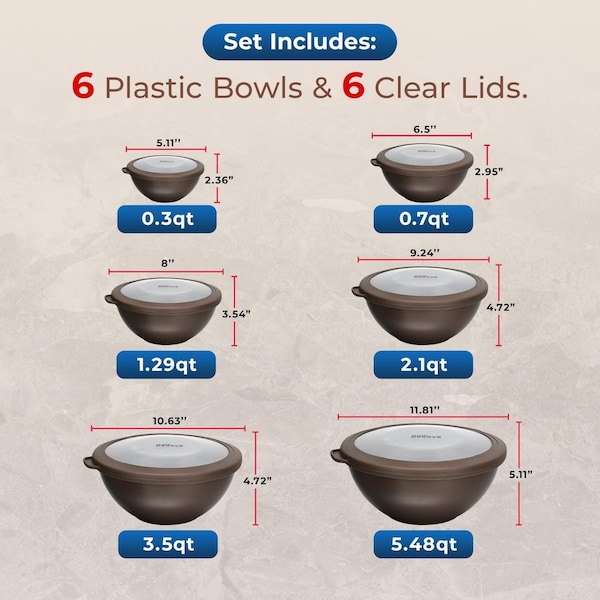 Bakkenmaster Bakken Master 12 Piece Plastic Nesting Bowls with Lids, Mixing Bowls Set includes 6 Prep Bowls - BKMX12BR22